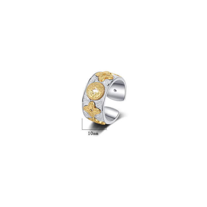Anello portafortuna con motivo floreale della dinastia Tang in argento sterling 925 Buddha Stones