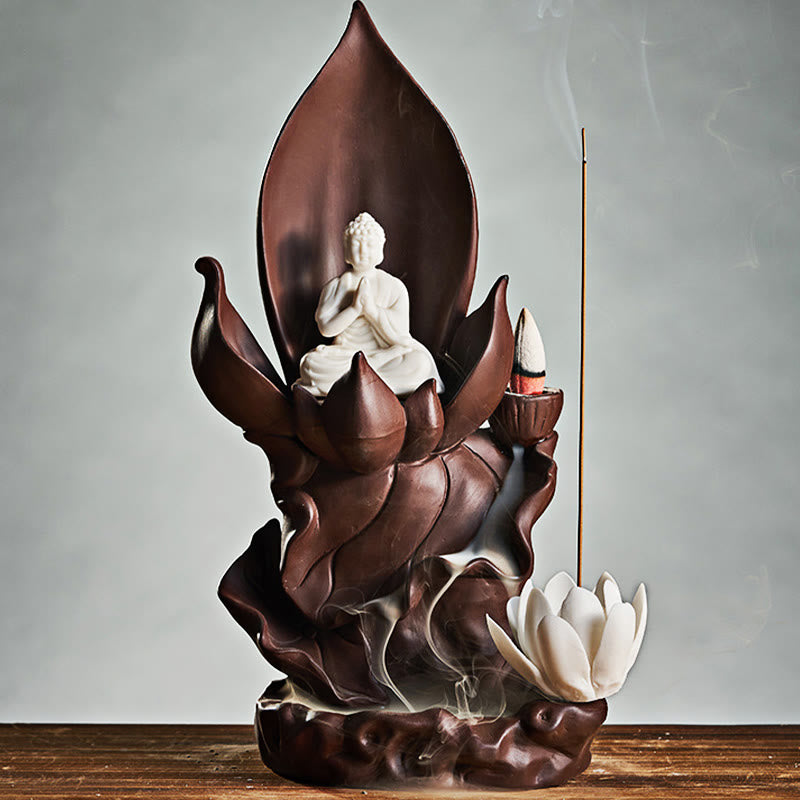 Buddha Stones Buddha di loto Avalokitesvara Illuminazione Bruciatore di incenso in argilla viola Decorazione