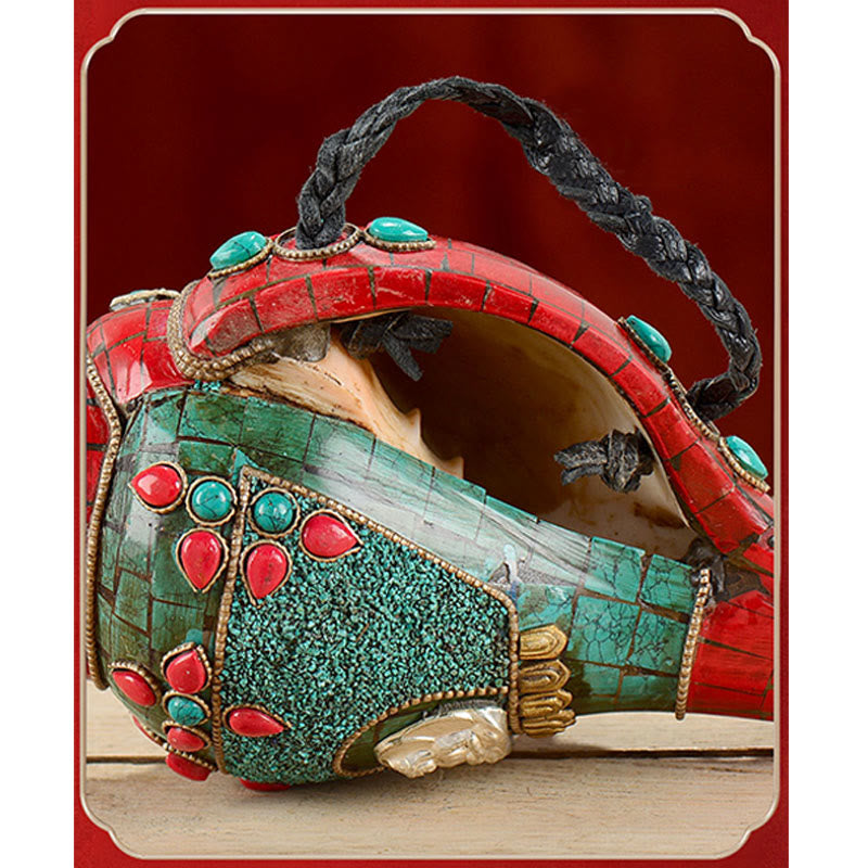 Shankha tibetano fatto a mano Om Mani Padme Hum Buddha Avalokitesvara Turchese Conchiglia Decorazione positiva - image 8