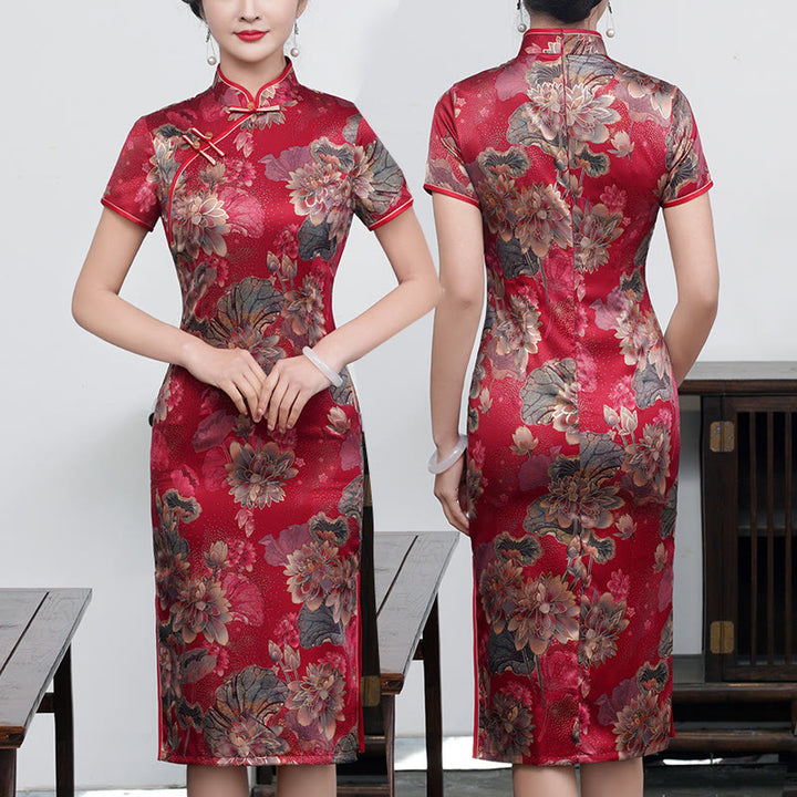Abito da donna in cheongsam con stampa di piume di peonia e fiori di loto retrò Buddha Stones