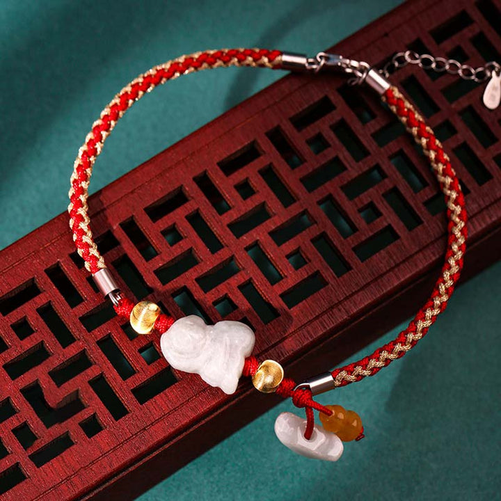 Buddha Stones Braccialetto/cavigliera con cordino rosso e giada dello zodiaco cinese, simbolo di prosperità. - Scimmia (Bracciale/Cavigliera, misura 19,5+4 cm) - image 12