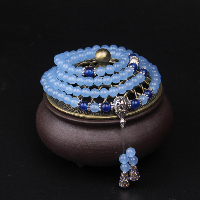 Buddha Stones 108 Perle Bracciale Mala di Cristallo Blu per Guarigione