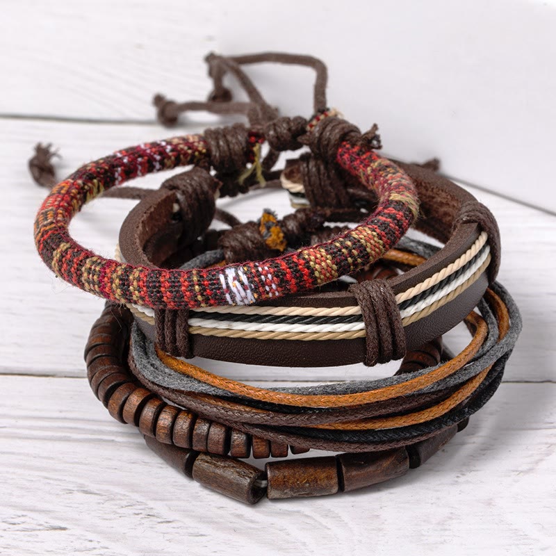 Bracciale in pelle con perline di legno e corde di canapa avvolte in Buddha Stones