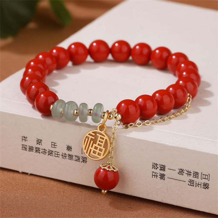 Braccialetto di giada calma con carattere Fu di cinabro e Buddha Stones