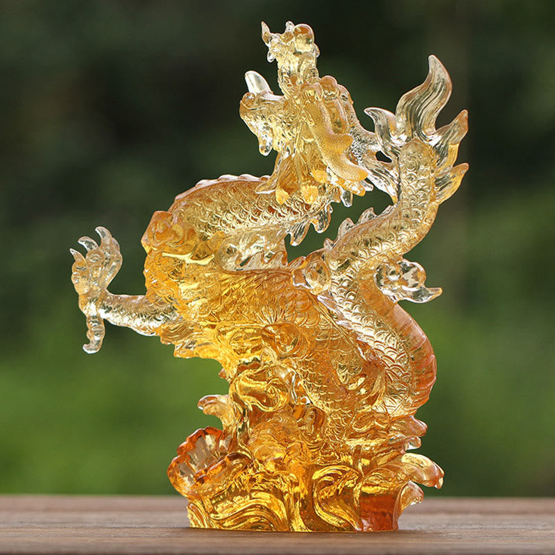 Buddha Stones fatte a mano Zodiaco cinese Drago giallo Liuli Cristallo Pezzo d'arte Fortuna Protezione Decorazione per casa e ufficio