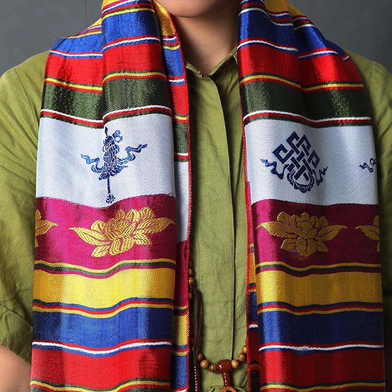 Decorazione Khata in jacquard multicolore con mantra di loto e benedizione fortunata tibetana - image 1