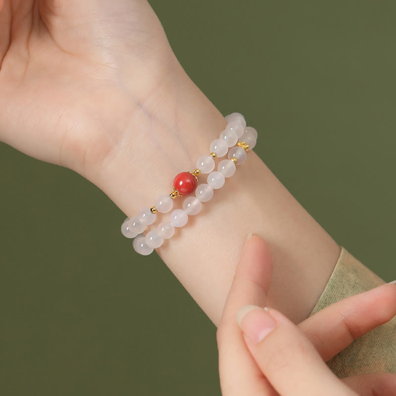 Braccialetto di protezione a doppio giro Buddha Stones in argento sterling 925 con agata bianca naturale e cinabro
