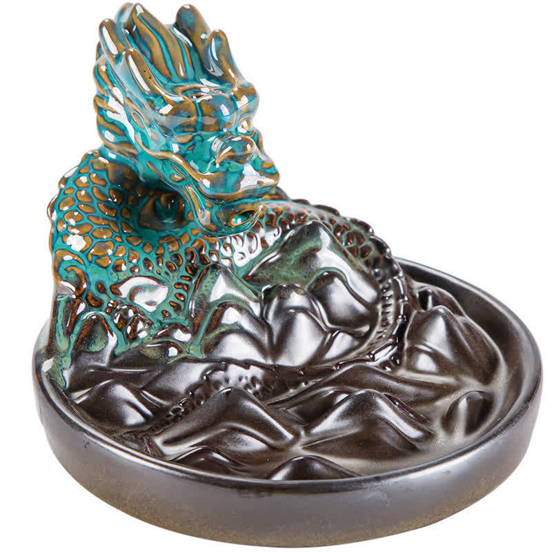 Bruciatore di incenso con fontana di fumo a riflusso in ceramica con motivo a drago, decorazione