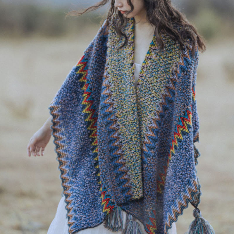 Scialle tibetano Buddha Stones, morbido e caldo, mantello lavorato a maglia, sciarpa tibetana invernale con nappe