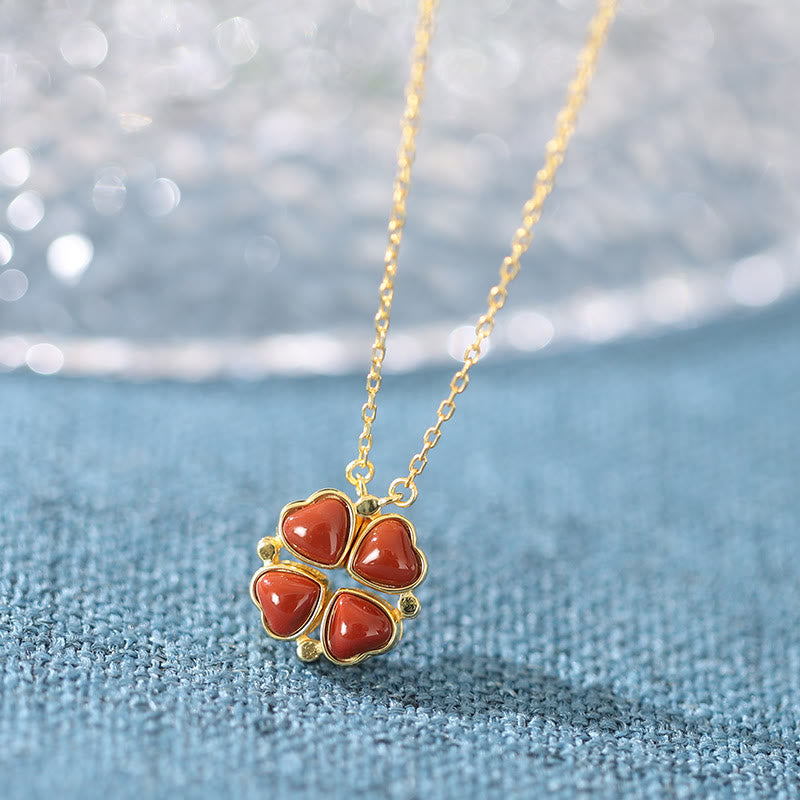 Collana con ciondolo Buddha Stones in argento sterling 925 con quadrifoglio, giada bianca, agata rossa e abbondanza