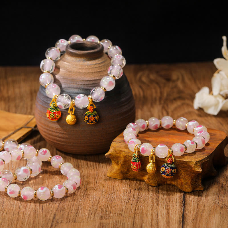 Buddha Stones Oro Deglutizione Bestia Famiglia Ciondolo Luminoso Rosa Cuore Amore Fluorescente Liuli Perline di Vetro Braccialetto Benedizioni