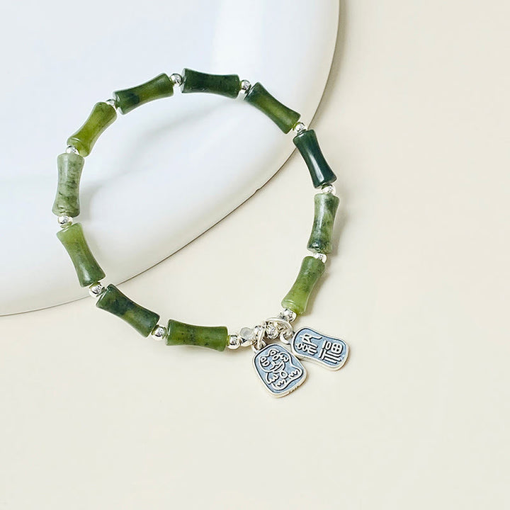 Bracciale Buddha Stones 925 Sterling Silver Bamboo Jade Lucky Cat Fu Character Luck Abundance