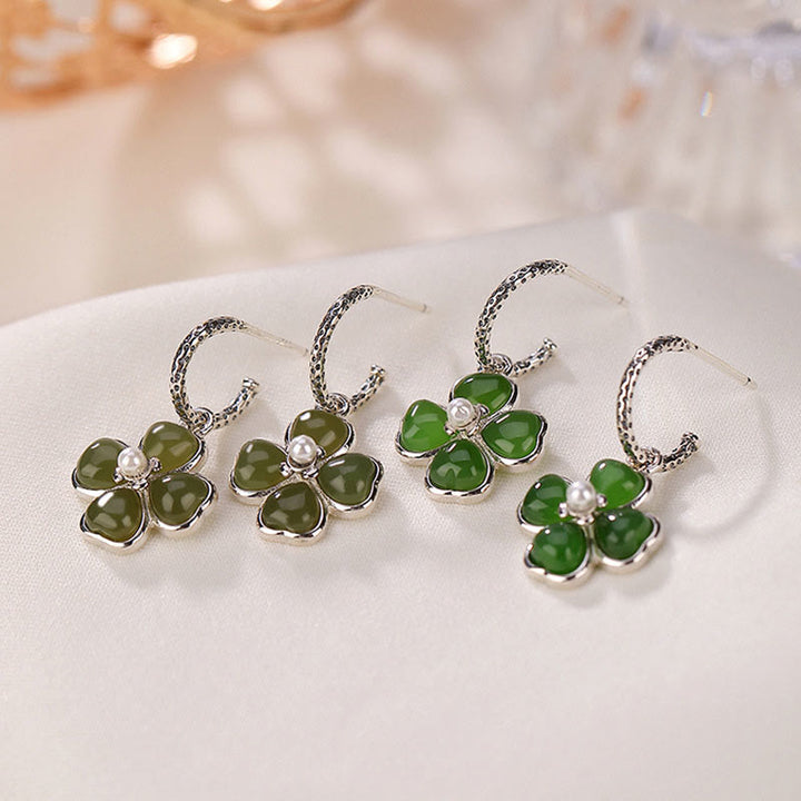 Orecchini Buddha Stones in argento sterling 925 con giada ciano naturale e quadrifoglio, fortuna e successo