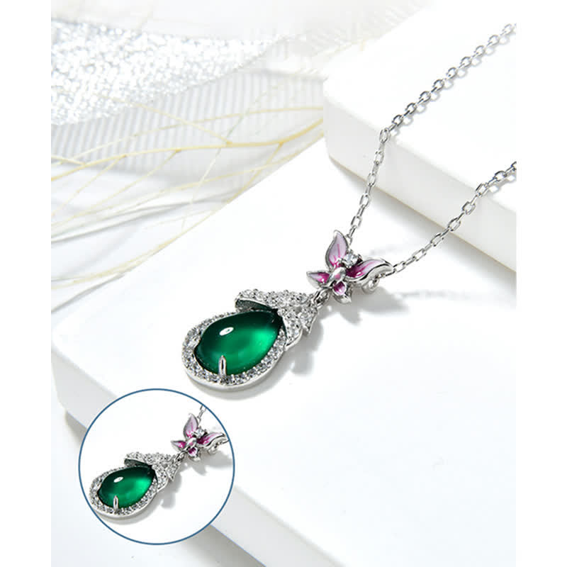 Collana con ciondolo in argento sterling 925, calcedonio verde, farfalla e zircone, coraggio