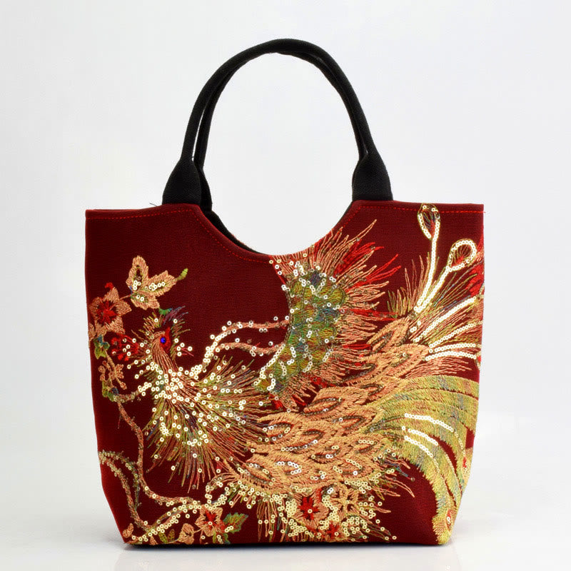 Borsa tote con ricamo a doppia faccia e motivo pavone Buddha Stones, borsa a tracolla, borsa a spalla - Pavone rosso vino - Semplice borsa a tracolla - image 17