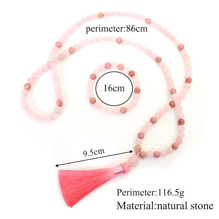 Braccialetto con nappa di cristallo rosa e 108 perle di Mala Buddha Stones