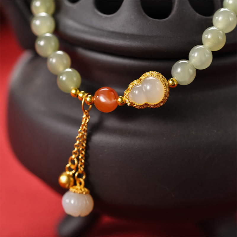Braccialetto portafortuna in argento sterling 925 con giada Hetian e zucca di loto