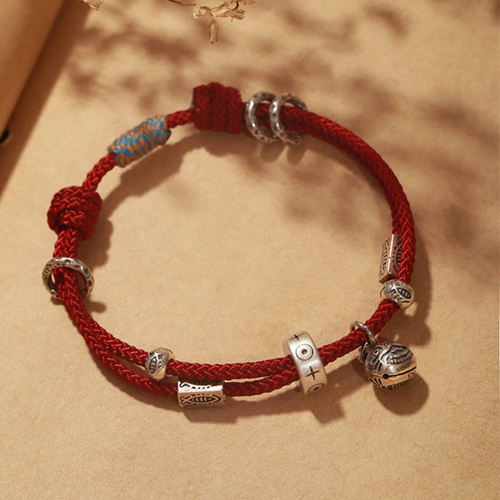 Bracciale intrecciato a mano Buddha Stones 925 Sterling Silver Gold con pesce Koi che ingoia la bestia - Rosso (circonferenza del polso 16-18 cm) - image 0