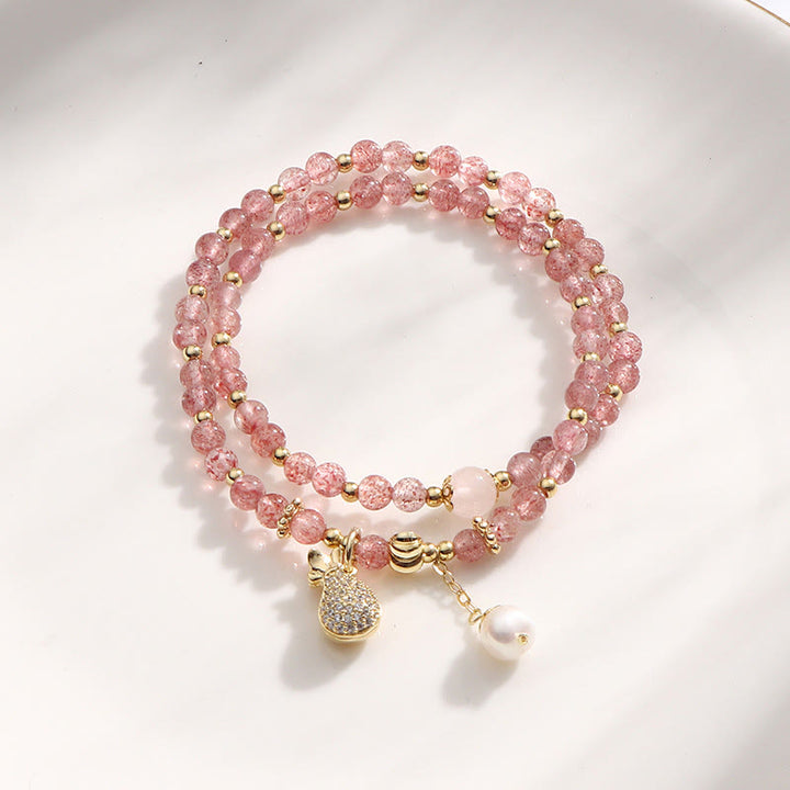 Braccialetto a doppio giro con ciondolo positivo Buddha Stones Strawberry Quartz Money Bag
