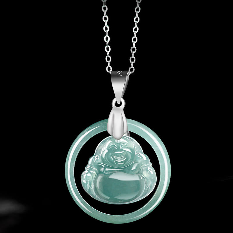 Collana con ciondolo a forma Buddha Stones Buddha con ciondolo a forma di Buddha che ride, in argento sterling 925, giada naturale rotonda
