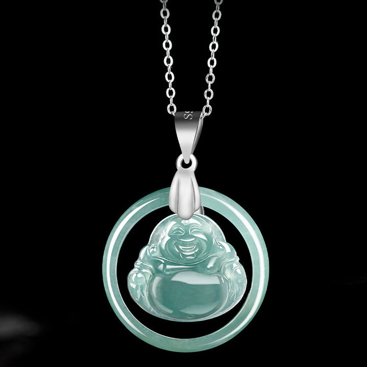 Collana con ciondolo a forma Buddha Stones Buddha con ciondolo a forma di Buddha che ride, in argento sterling 925, giada naturale rotonda