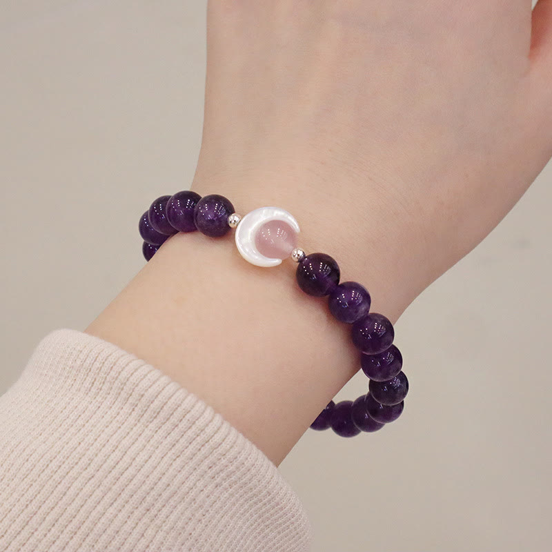 Braccialetto di Buddha Stones in argento sterling 925 con ametista naturale, acquamarina, cristallo rosa, occhio di gatto, guarigione, luna crescente