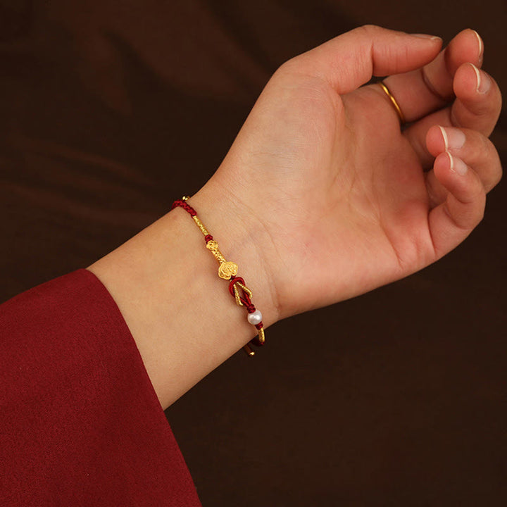 Buddha Stones 24K Oro Desiderio Ruyi Maniglia Fu Carattere Coniglio Perla Fortuna Bracciale Intrecciato - image 5
