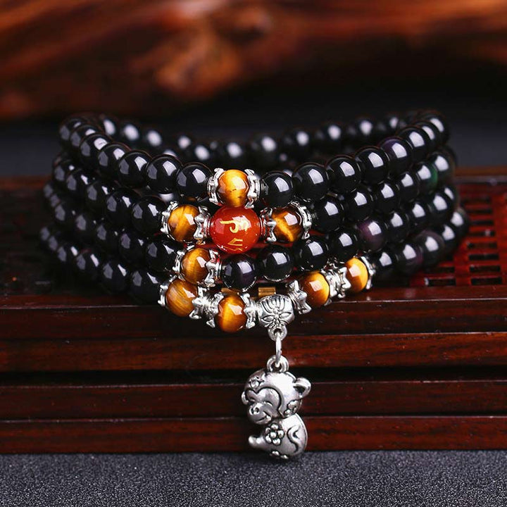 Bracciale Mala della Fortuna con 108 Perle dello Zodiaco Cinese e Occhio di Tigre in Ossidiana Nera