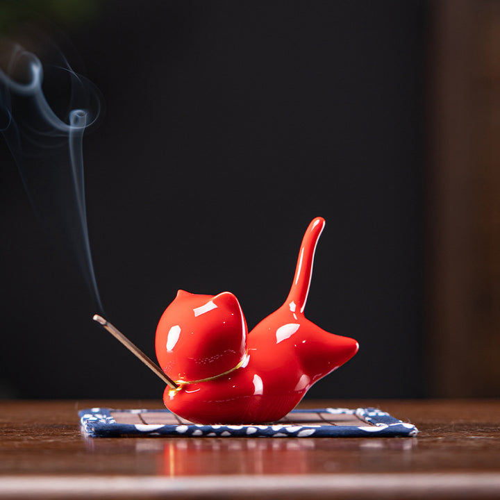 Decorazione per bruciatore di incenso in ceramica con gatto e panda, per benedizione