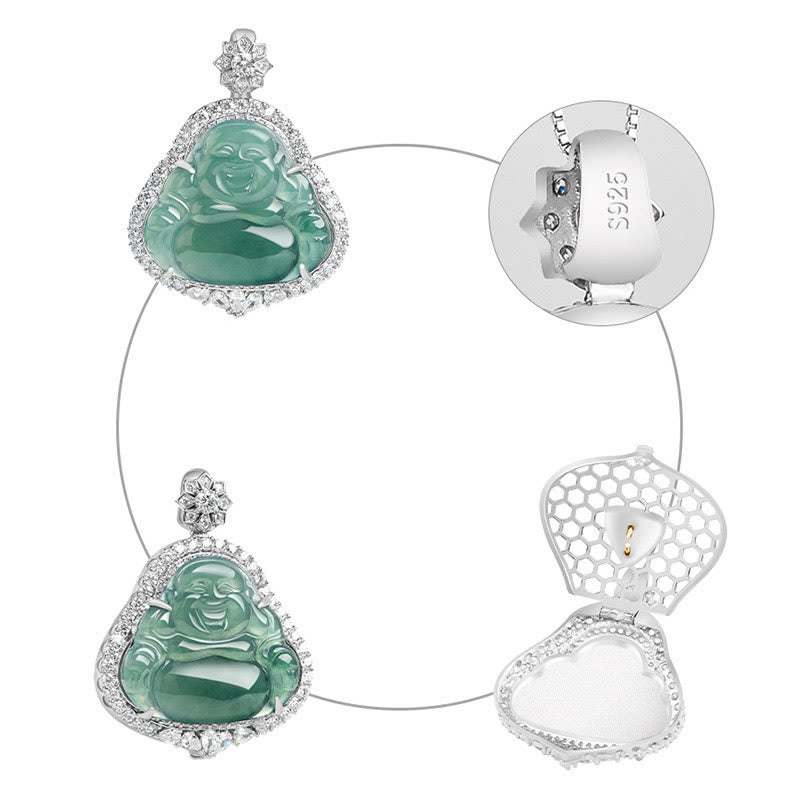 Collana con Buddha Stones in argento sterling 925 con ciondolo a forma di Buddha che ride in giada naturale con catena portafortuna e abbondanza - image 6