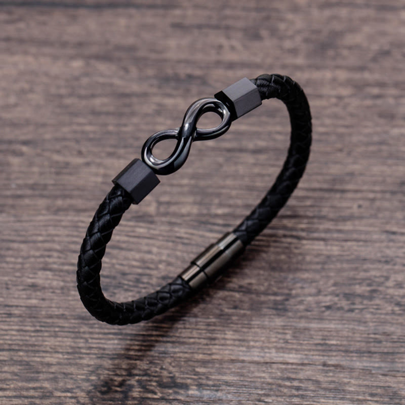 Bracciale Buddha Stones Endless Knot in acciaio al titanio con intreccio in pelle e bilanciamento