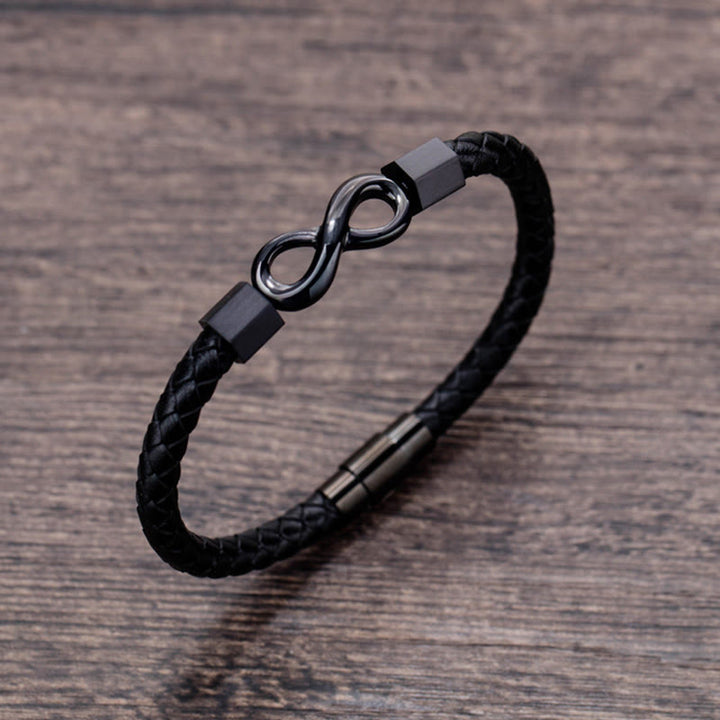 Bracciale Buddha Stones Endless Knot in acciaio al titanio con intreccio in pelle e bilanciamento