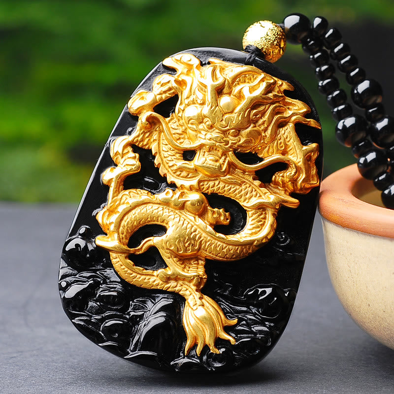 Collana con ciondolo portafortuna in ossidiana drago placcata in oro 18k Buddha Stones - image 2
