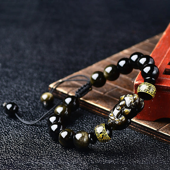 Bracciale intrecciato con Buddha Stones, lucentezza naturale dell'oro, ossidiana, PiXiu Om Mani Padme Hum, ricchezza