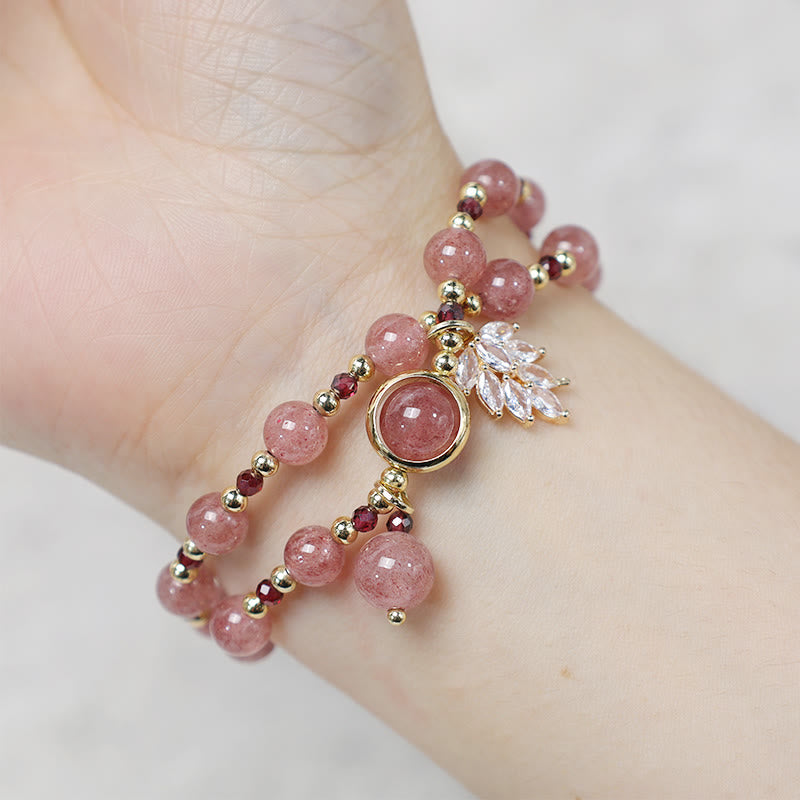 Braccialetto a doppio giro con ciondolo a forma di foglia d'acero con quarzo fragola naturale Buddha Stones Love Healing