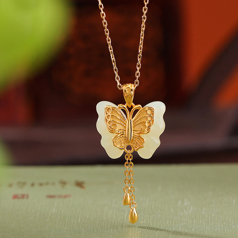 Collana con ciondolo a forma di farfalla in giada bianca Hetian, placcata in argento sterling 925, con Buddha Stones e ciondolo a forma di farfalla in giada bianca Hetian.