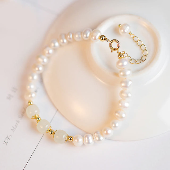 Braccialetto a catena con perle di sincerità in giada bianca e giada ciano di Hetian, placcato in oro 14K