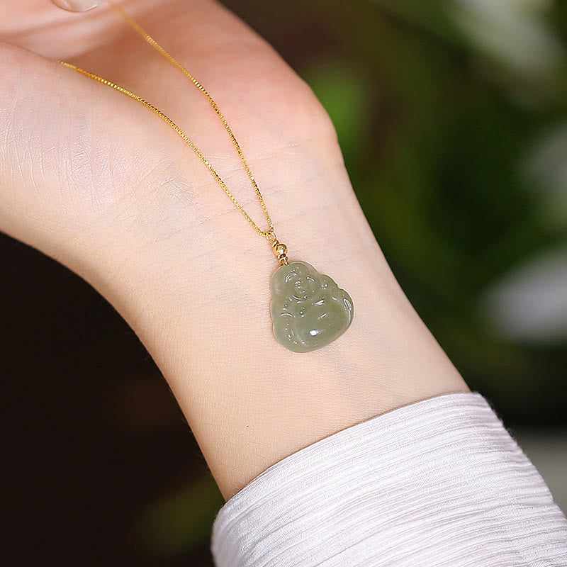 Collana con ciondolo a forma di farfalla Buddha che ride in giada ciano naturale Hetian Jade in argento sterling 925 - Buddha sorridente in giada di Hetian - image 2