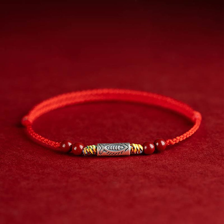 Buddha Stones 925 Sterling Silver Koi Fish Cinnabar Bead Wealth Braccialetto intrecciato artigianale Cavigliera