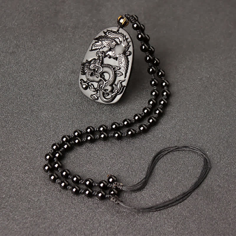 Collana con ciondolo di perline di protezione in ossidiana nera con occhio di tigre, drago e fenice - Filo di perline retrattili in ossidiana - image 9