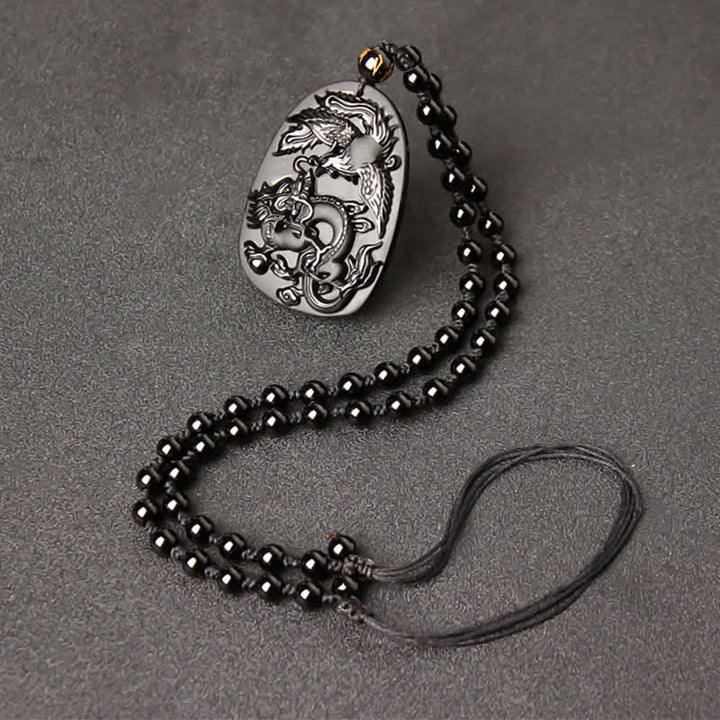 Collana con ciondolo di perline di protezione in ossidiana nera con occhio di tigre, drago e fenice - Filo di perline retrattili in ossidiana - image 9