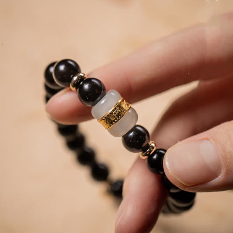 Buddha Stones Ossidiana nera Giada Om Mani Padme Hum Forza Coppia Braccialetto magnetico