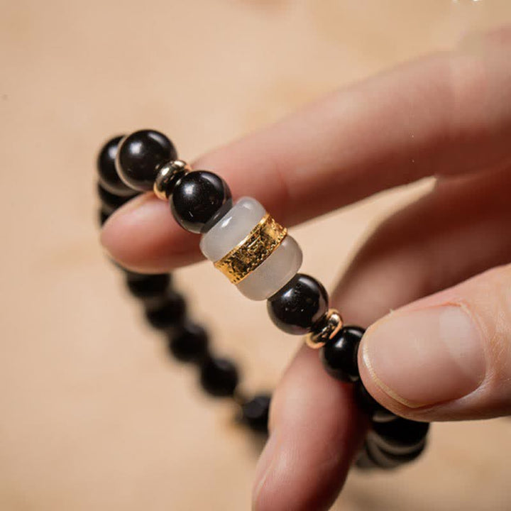 Buddha Stones Ossidiana nera Giada Om Mani Padme Hum Forza Coppia Braccialetto magnetico