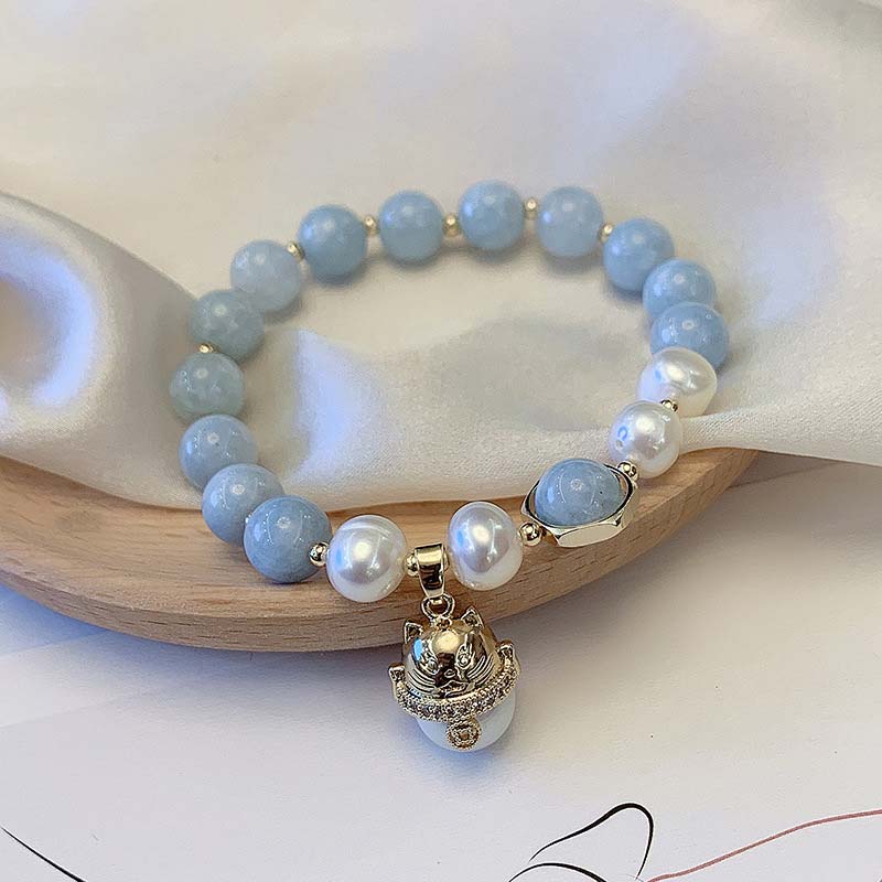 Braccialetto portafortuna con gatto , Buddha Stones, acquamarina, perla e guarigione della pace - image 5