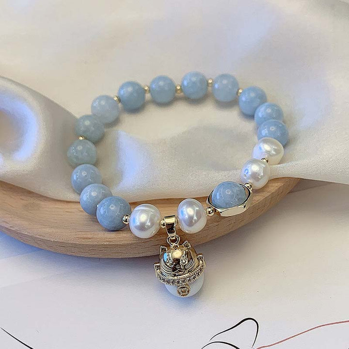 Braccialetto portafortuna con gatto , Buddha Stones, acquamarina, perla e guarigione della pace - image 5