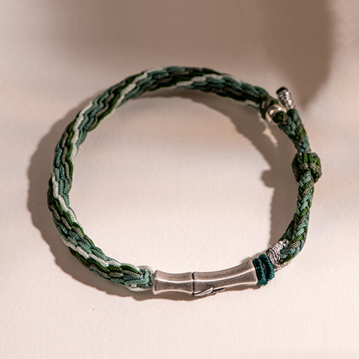 Braccialetto in argento sterling 925 con nodo di reincarnazione in bambù e corda di protezione dalla fortuna