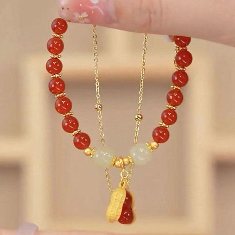 Braccialetto di perline con carattere Fu , Buddha Stones di giada, foglia di ginkgo, tulipano, arachidi e fortuna