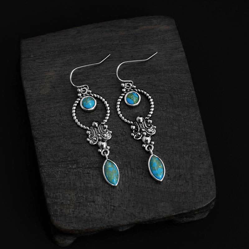Orecchini pendenti con motivo a goccia d'acqua e gancio in argento sterling 925 Buddha Stones, placcati in rame vintage e turchese. - Orecchini in argento placcato rame e turchese (gancio in argento sterling 925) - image 4