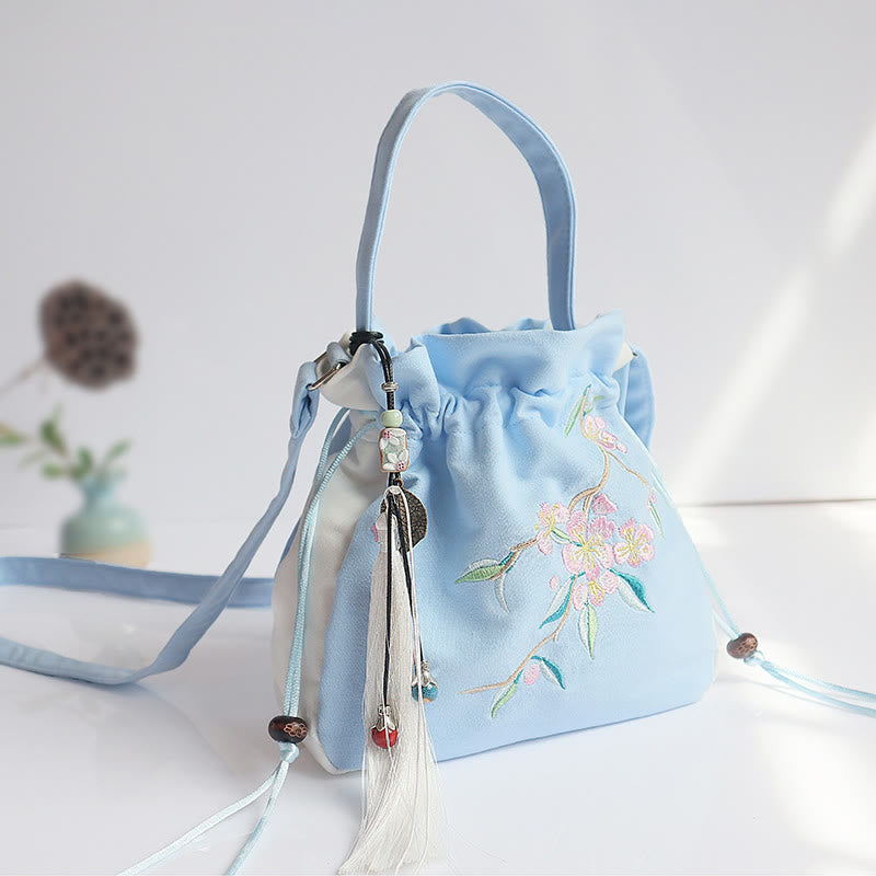 Borsa a tracolla in tela con fiori ricamati a mano con Buddha Stones - Fiore di pesco blu e bianco 20*20 cm - image 31