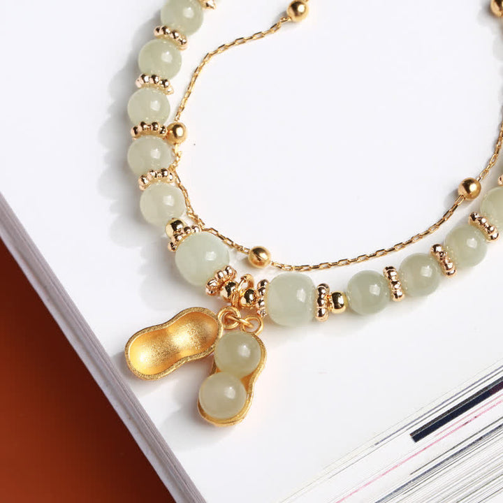 Braccialetto con ciondolo a forma di arachide Good Things Happen in argento sterling 925, giada naturale di Hetian
